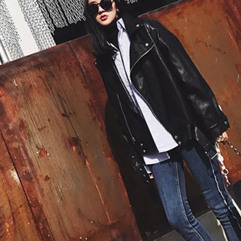 

Women Loose Pu Leather Jacket Black Soft Faux Leather Jacket Street Moto Biker Leather Coat Jacket Lady Casual Outerwear