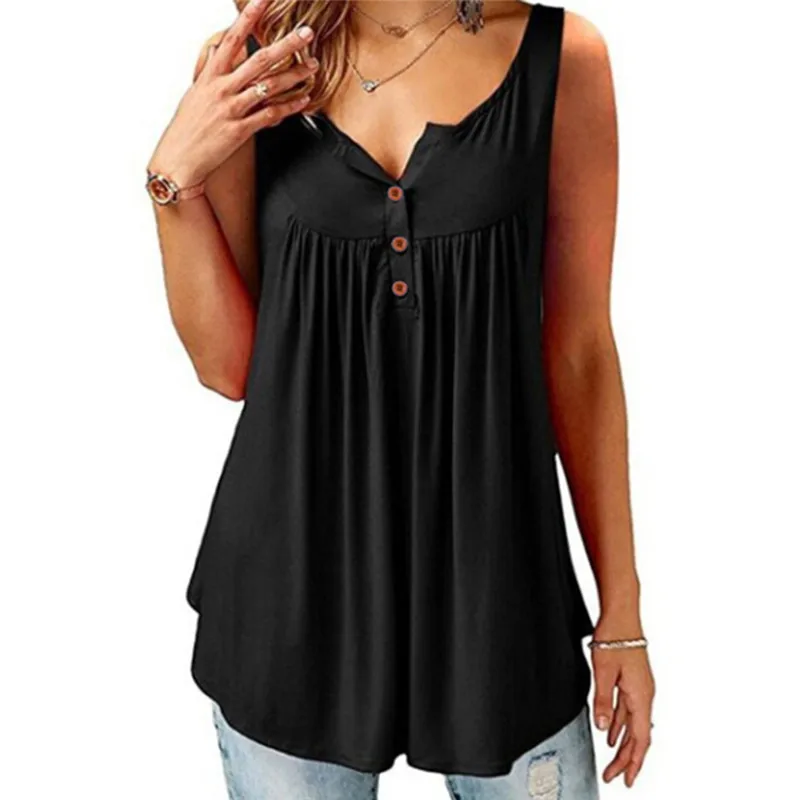

New Casual Streetwear Summer Loose Blouse Button Pleated Tunic Beach TShirt 2021 Women Camis Solid Tops Pullover Top Ladies Vest
