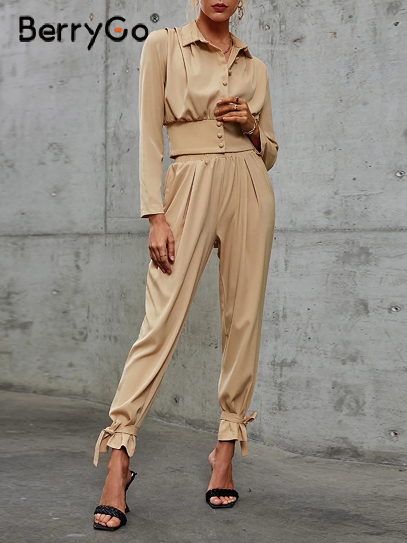 

BerryGo Autumn elegant two piece sets women Long sleeve lapel buttons shirt sets female Solid elastic wasit pocket pant sets