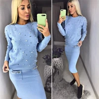 women two piece warm set o neck pearl beading knitted pullover pencil skirt women elegant 2 piece suits