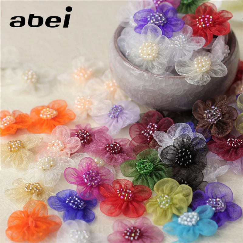 40 шт./лот 2 см Цветы из бисера и органзы разных цветов ручная работа маленькая
