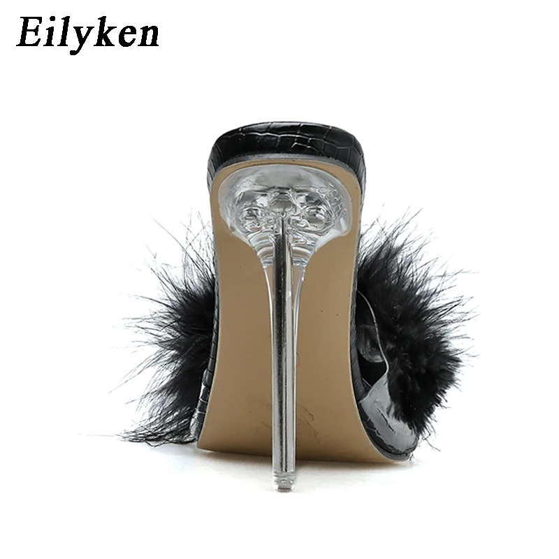 Eilyken 2022 New Transparent Crystal High heels Woman Feather Fur Slippers Pumps Women Peep toe Mules Lady Slides White | Обувь - Фото №1