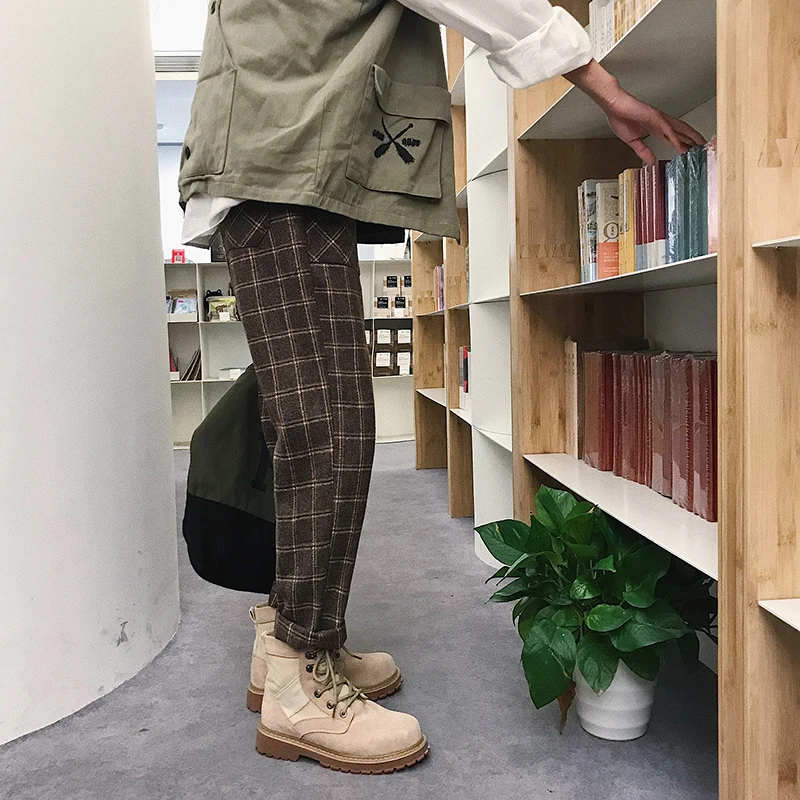 2019 мужские утепленные шерстяные брюки с принтом в клетку хлопковые повседневные