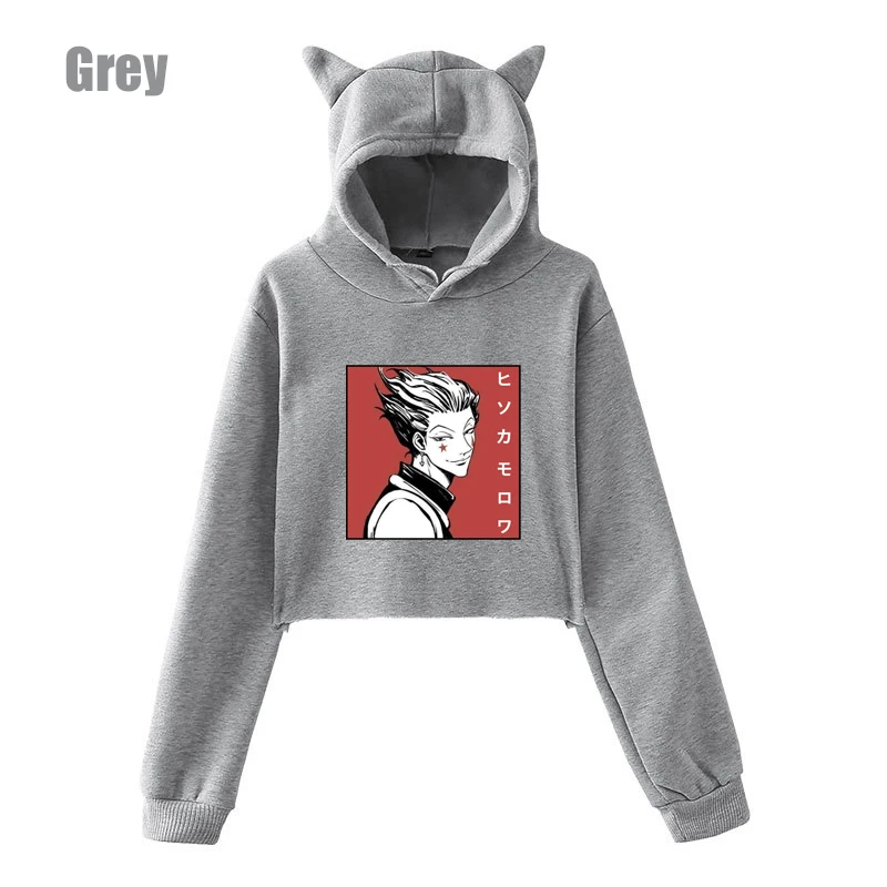 Japanese Anime HxH Print Hoodies Spring Autumn Casual Cropped Cat Ear Hooded Sweatshirt Women Girls Fashion Street Pink Top