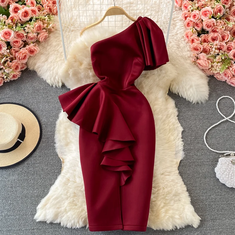 

Sexy Off Shoulder Party Dress Women Summer Diagonal High Waist Irregular Ruffle Bodycon Vestidos Female Casual Red/Pink Robe New