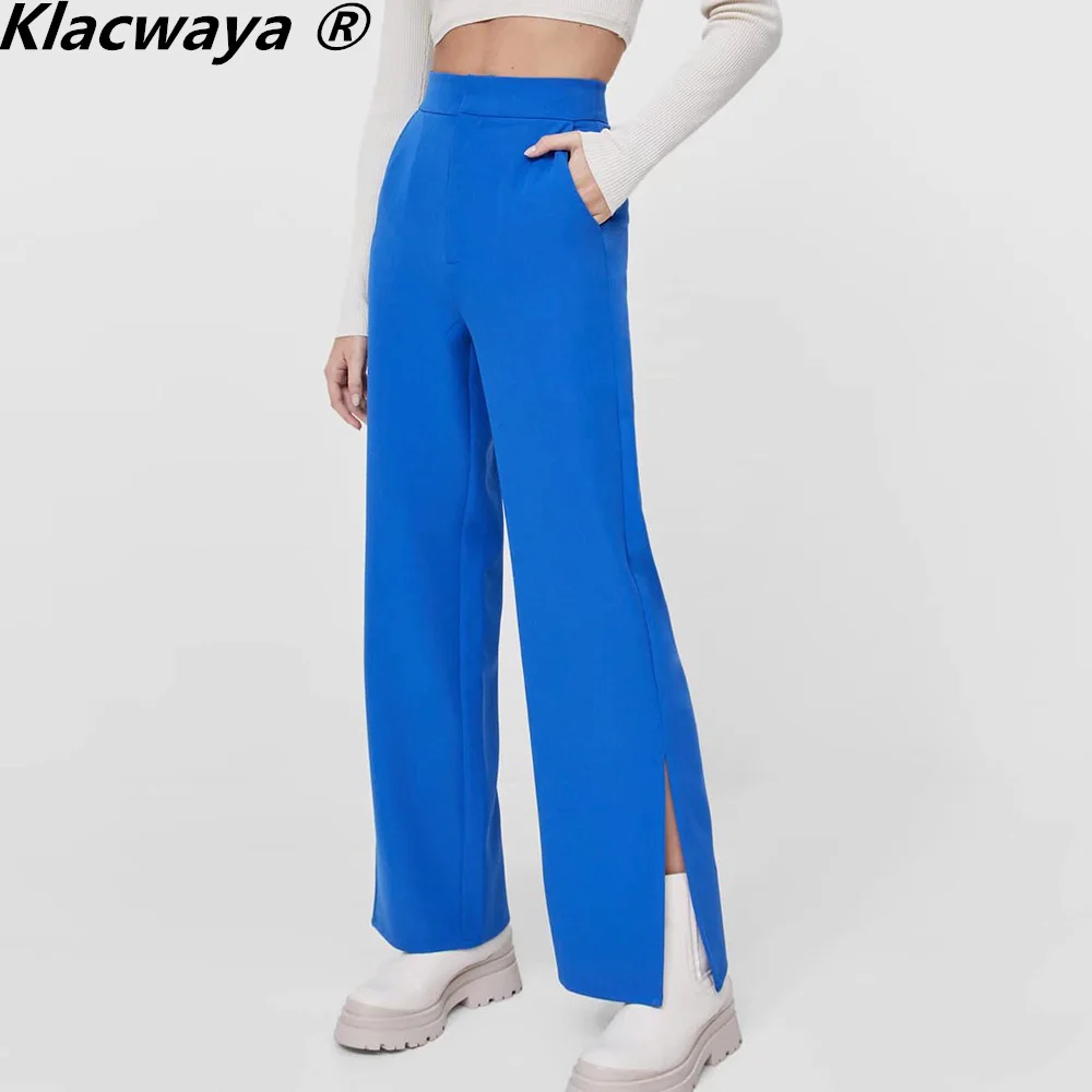 

Klacwaya Women Pants Vintage Blue Oversize High Waist Wide Leg Pant Women Clothing 2022 Casual Side Split Streetwear Trousers