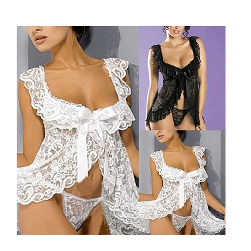 

2021 Summer Sleepwear For Women Split Nightgowns Sexy Lace Sleeping Clothing See-Through Mini Nightdress