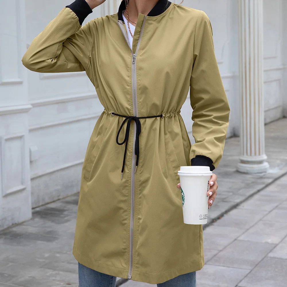

2021 new outdoor rainwear mid-length hooded waist windbreaker zipper raincoat jacket top women