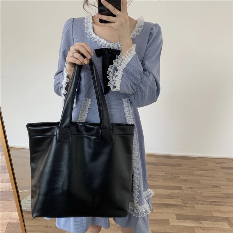 Women Shopping Bags PU Large Capacity Solid Hasp Big Tote Handbags Popular Simple Daily Female European Style Soft Vintage Chic | Багаж и