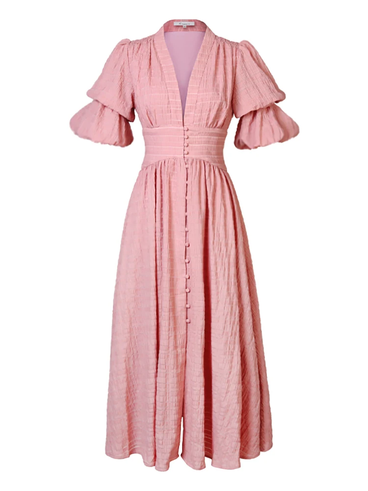 

new French niche dress with retro lantern sleeves and deep V-neck