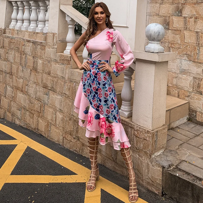 

Spring 2021 women Floral printed dress chiffon oblique shoulder Bohemia holiday vacation beach dress ruffle irregular pink dress