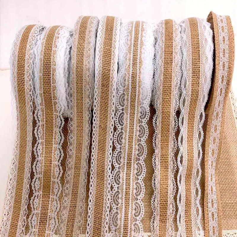 

2m/roll Natural Jute Hessian Ribbon with White Lace Burlap Rustic Wedding Party Decoration Ornament Gift Wrapping Decor
