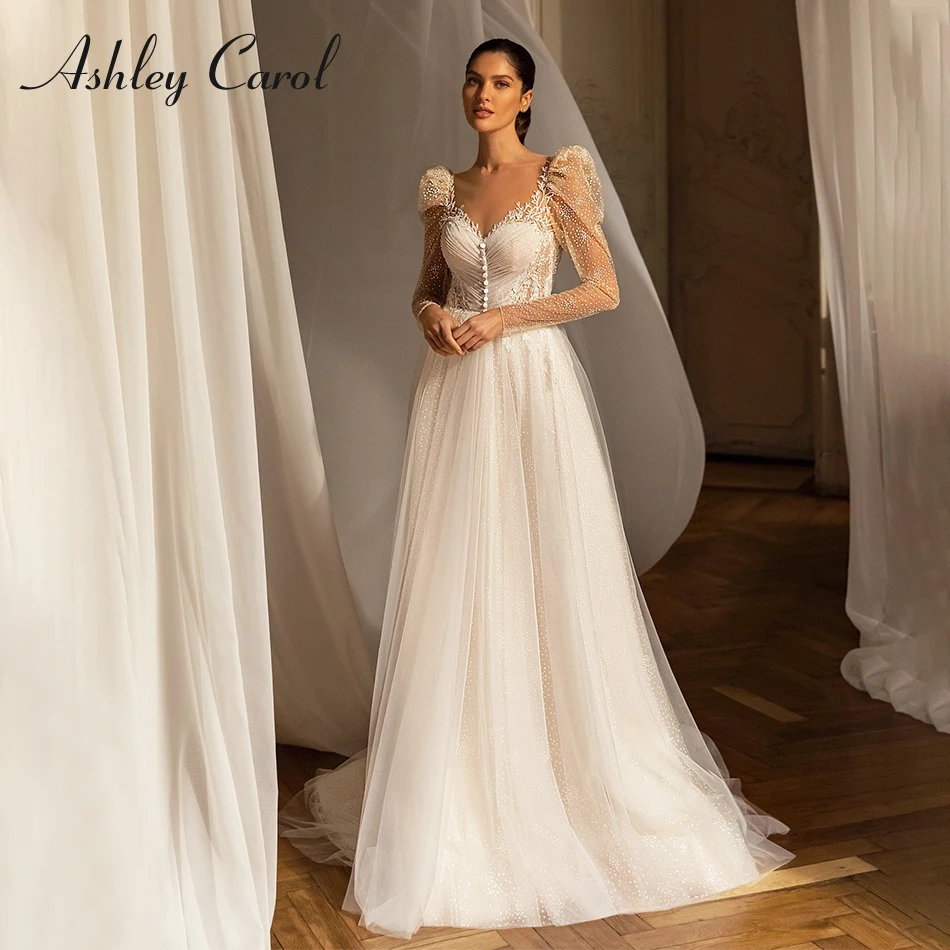 

Ashley Carol A-Line Wedding Dresses 2023 Sweetheart Sequined Bride Long Sleeve Backless Princess Bridal Gown Vestidos De Novia