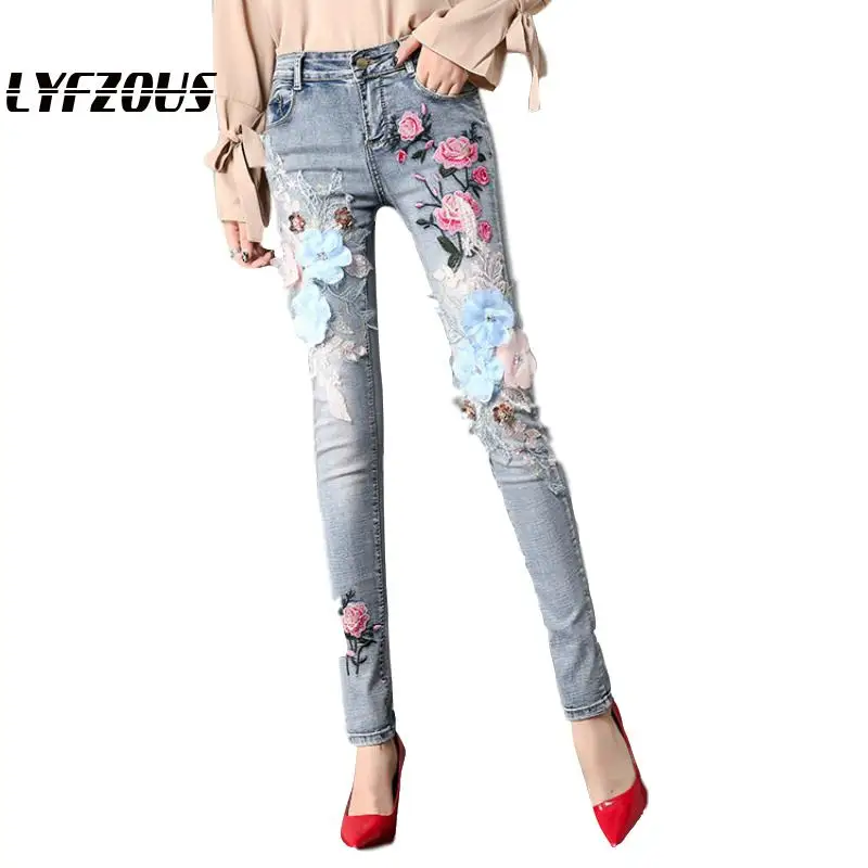 

Женские Новые корейские модные джинсы с цветочной вышивкой, облегающие универсальные узкие брюки-карандаш для девушек, женские длинные джи...