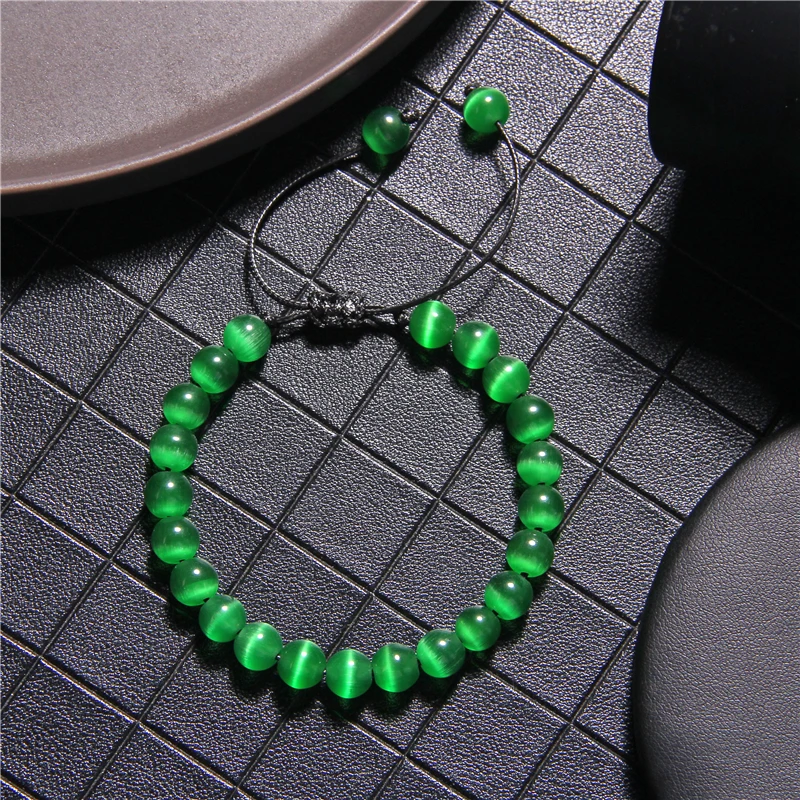 Женский плетеный браслет 8 мм зеленый белый розовый синий с бусинами кошачий глаз