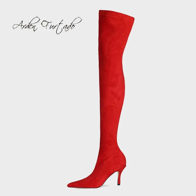 

Arden Furtado 2021 Fashion Women's Shoes Pointed Toe Stilettos Heels Elegant Boots Red Over The Knee High Boots stretch boots