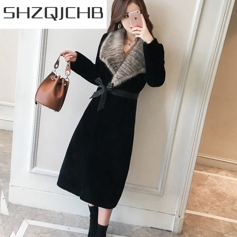 

JCHB 2021 Casacas Para Mujer Invierno Womens Winter Sheep Fur Coat Thick Warm Long Natural Fur Real Wool Belted Slim Fit Ladies