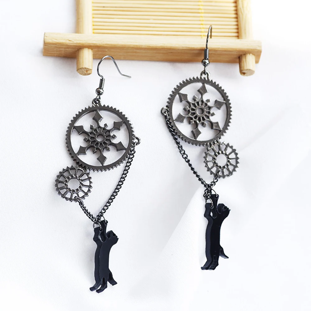 Серьги-подвески в стиле стимпанк с изображением черной кошки минималистичные