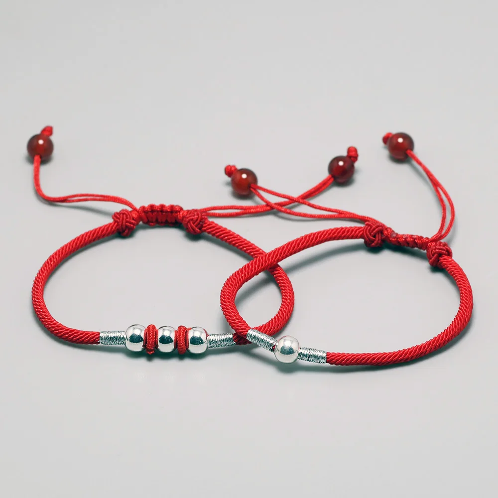 999 стерлингового серебра круглые бусины Lucky Red Rope браслет для мужчин и женщин