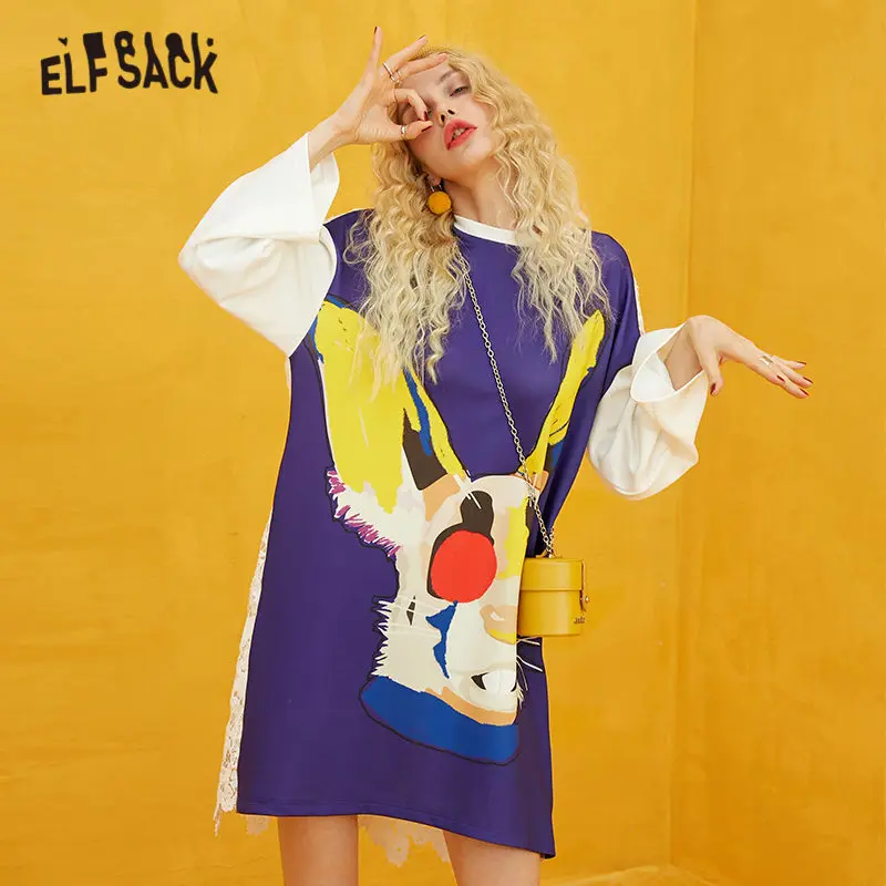 Женское однотонное контрастное платье ELFSACK синее повседневное офисное с