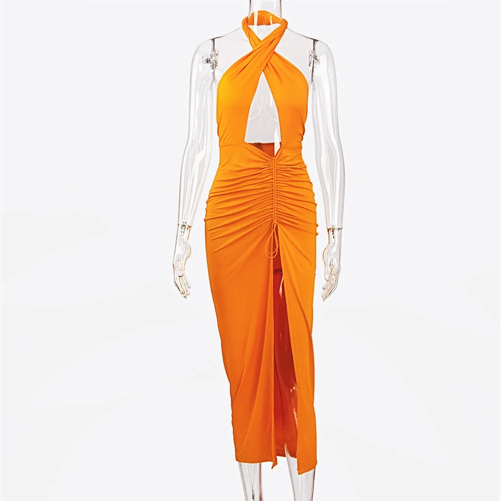 

SVOKOR Summer Sexy Hollow Out Dress for Women Neck-Mounted Open Back Long Dresses Pleated Solid Color Party Dress