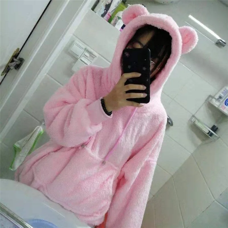

Lamb Plush Autumn Winter Women Hoodies Cute Long Sleeve Casual Loose Hooded Sweatshirt Pocket Solid Colour Hoodie