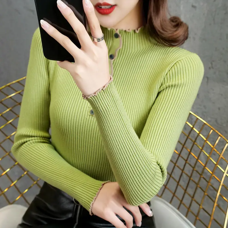 

2020 New Fashion Women Autumn Knitted Sweater Solid Female Cotton Soft Elastic Color Pullovers Button Full Sleeve TurtleneckH276