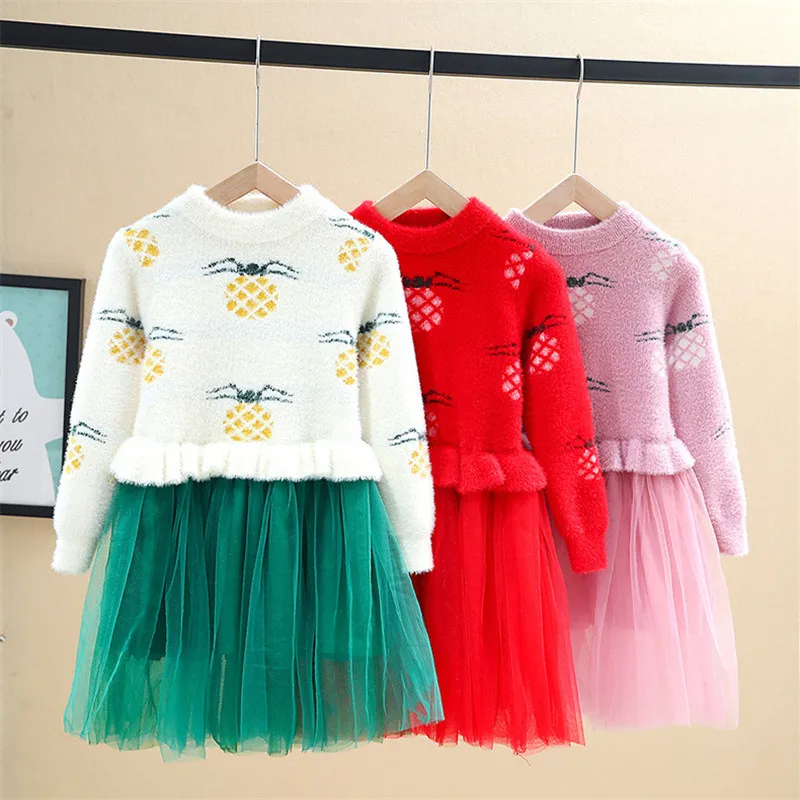Вязаное платье для девочек с длинными рукавами; сезон осень; Новинка; теплое платье-свитер; Детские платья для девочек; Повседневный Детский костюм; одежда