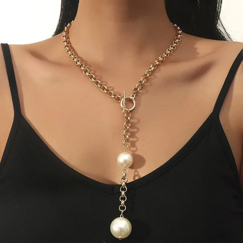 

ORNAPEADIA Jewelry Temperament Simple Chain Necklace for Women Pearl Pendant Long Sweater Chain OT Buckle Clavicle Chain
