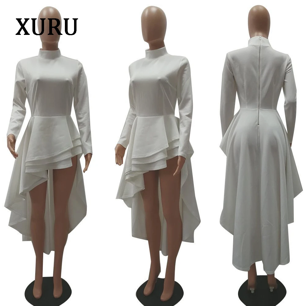 Платье женское асимметричное с длинным рукавом круглым вырезом и каскадными