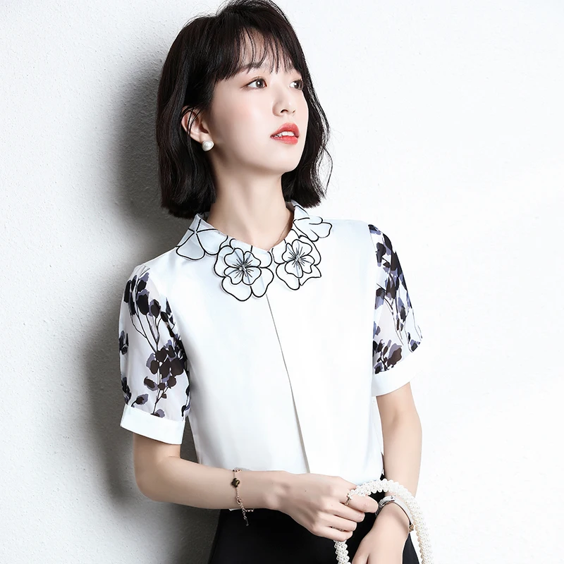 

Блузка женская шифоновая с отложным воротником, Офисная рубашка с коротким рукавом, черный топ в Корейском стиле, на лето