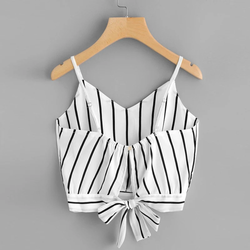 Striped Split Tie Back Crop Cami Top Women Casual Spaghetti Strap Bow Vest Summer Knot Beach | Женская одежда