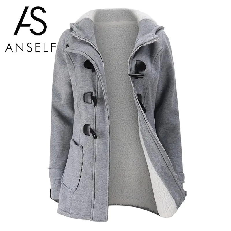 ANSELF Parka пальто женское с капюшоном Дафлкот куртка из искусственного меха Подкладка Пряжка молния спереди плюс размер теплая зимняя повседневная верхняя одежда