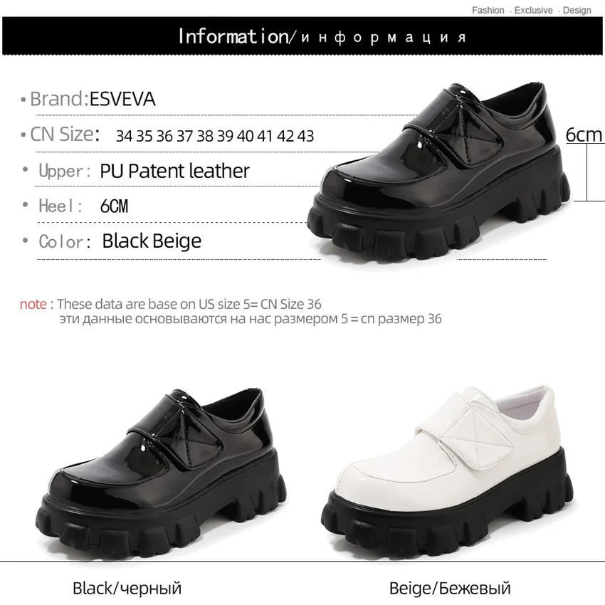 

ESVEVA 2020 Casual Platform Hook&Loop Women Pumps Round Toe PU Patent Leather Square Heel Antiskid Women Shoes Big Size 34-43
