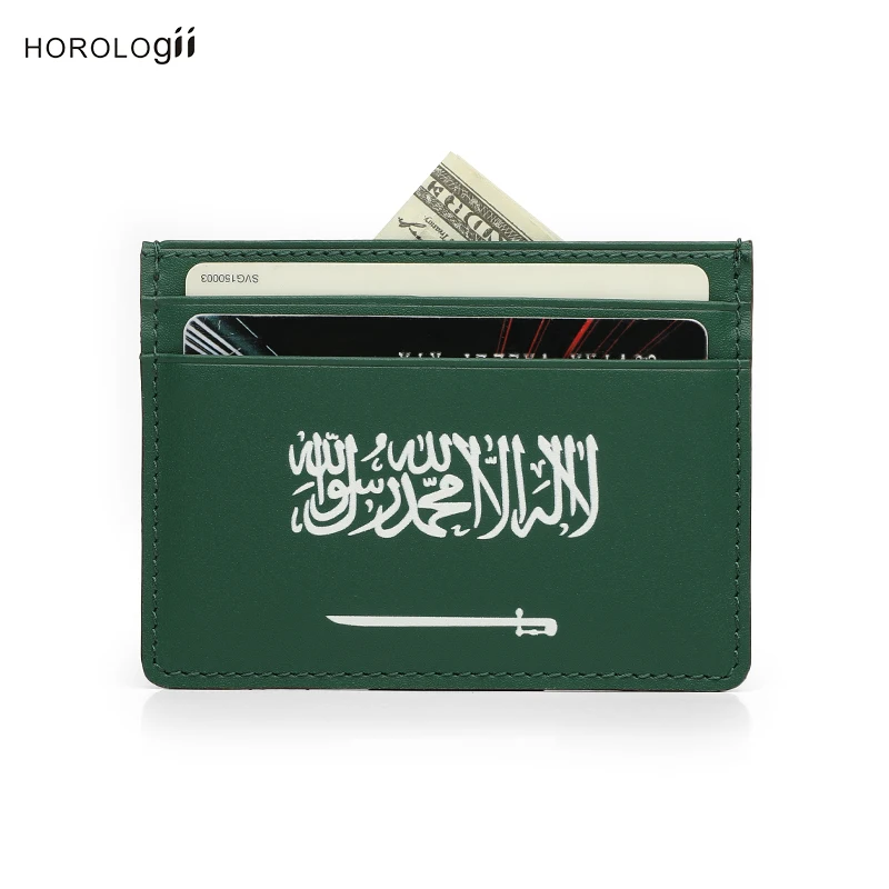 

Hiram Beron Green Italian Cow Leather Card Holder Case with Saudi Arabia Flag Premium Leather Goods