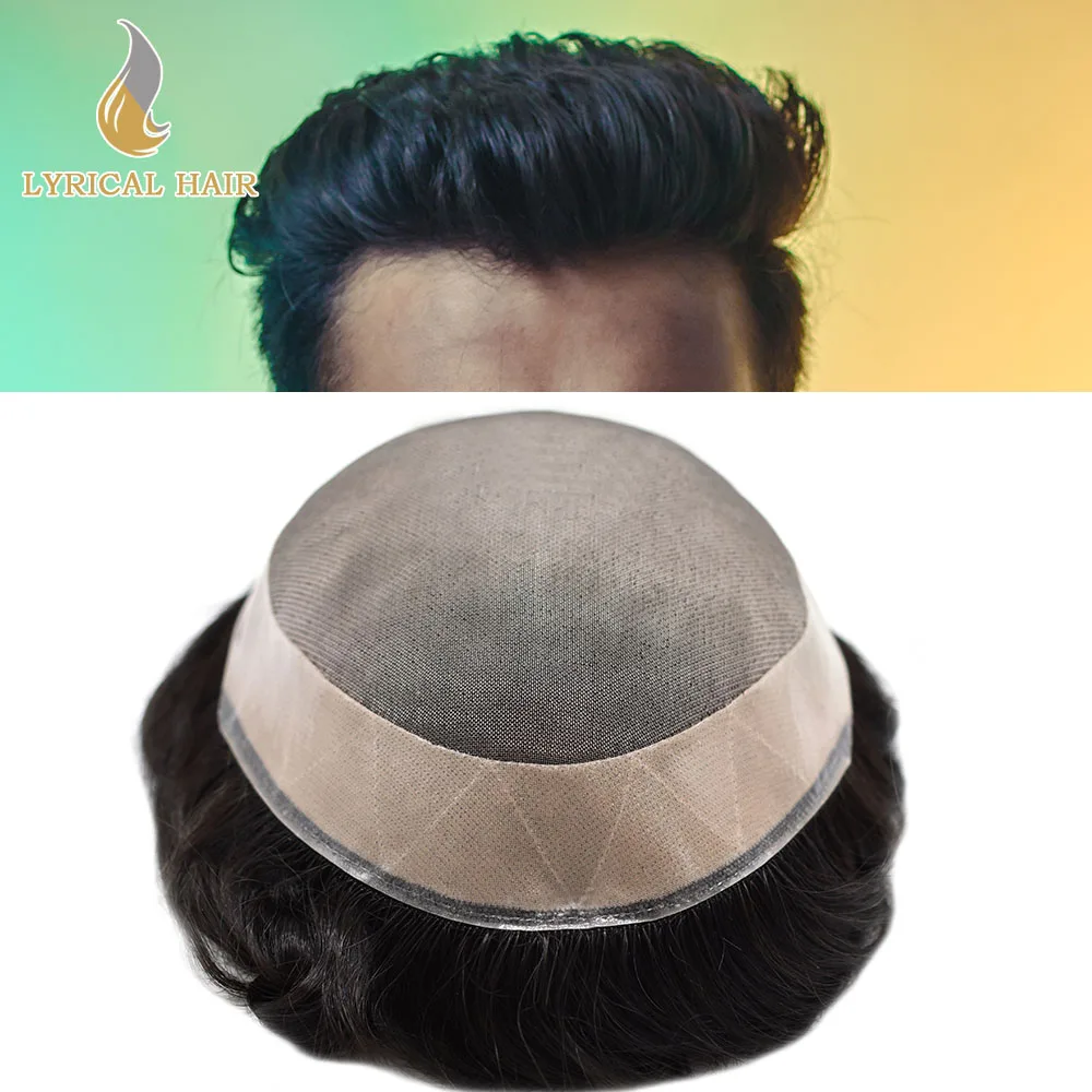 

Fine Mono Mens Toupee Hairpieces Poly Skin Pu Around Black Human Hair Replacement Systems Medium Heavy Density Durable Mens Wigs