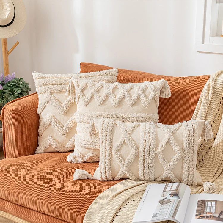 

Geometric With Tassel Bed Pillowcover Cotton Canvas Tufted Embroidery Throw Cushion Cover Living Room Decoration Pillowcase 4072