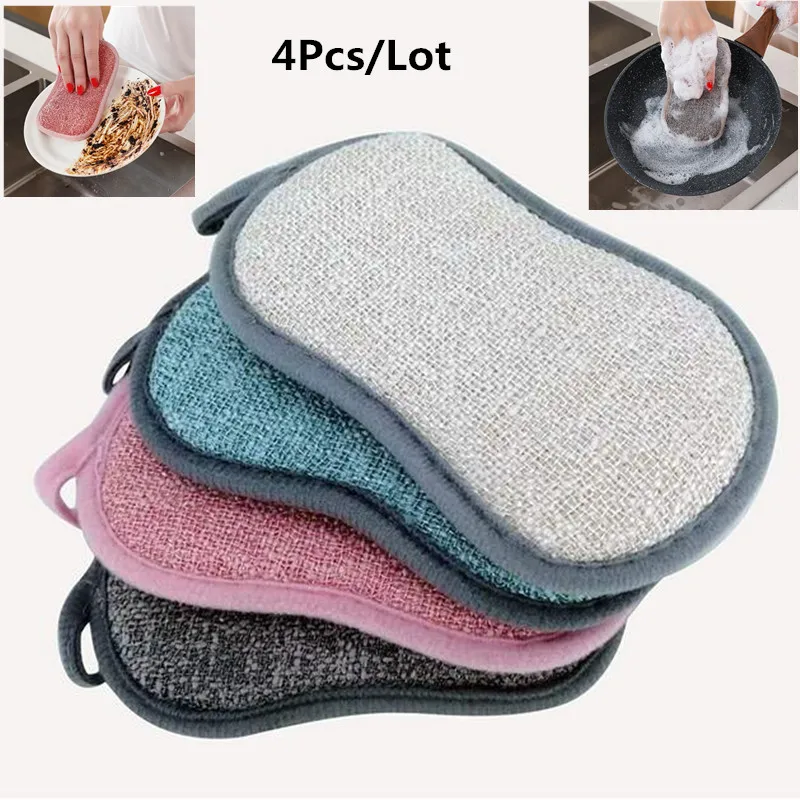

4 Pcs/Lot Double Sided Dishwashing Cloth Scouring Pad Reusable Microfiber Kitchen Dish Cleaning Sponges Cloths Random Color