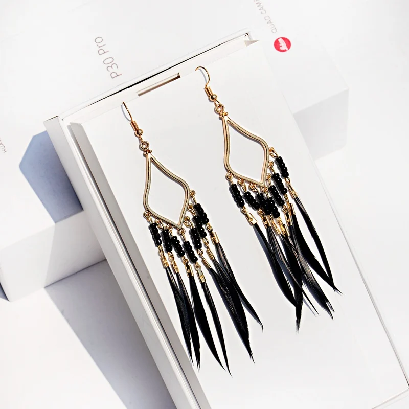 2019 летние богемные Бохо перо Длинные серьги с кисточками для женщин ручной