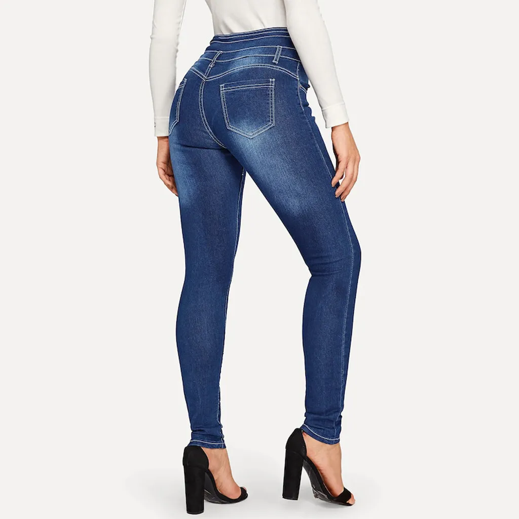 Women Autumn Elastic Button Jeans Female Pant Slim Stretch Jeans Blue Ladies Small Feet Cropped Pencil Pant#BL20