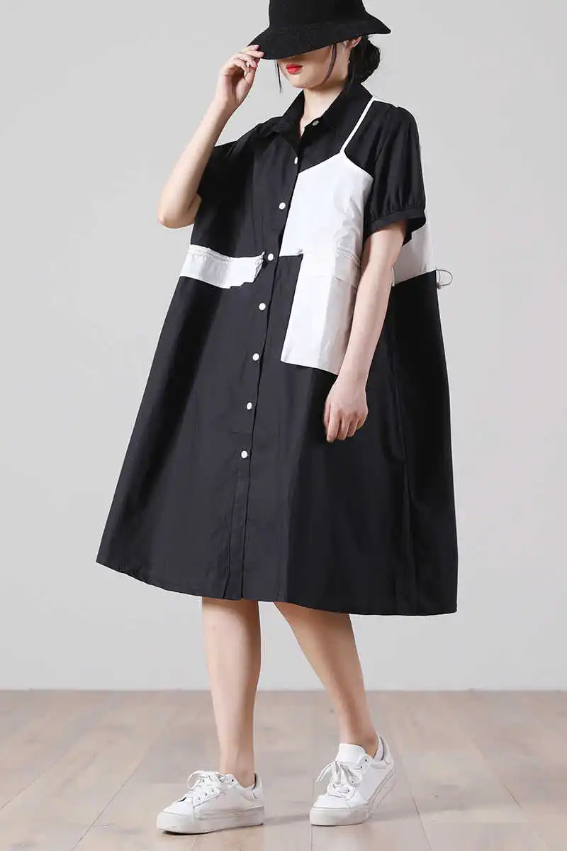 

IEQJ Women Black Casual Contrast Stitching Mid-length Shirt Dress New Lapel Short Sleeve Loose Fashion Tide Summer 2021 3F1266