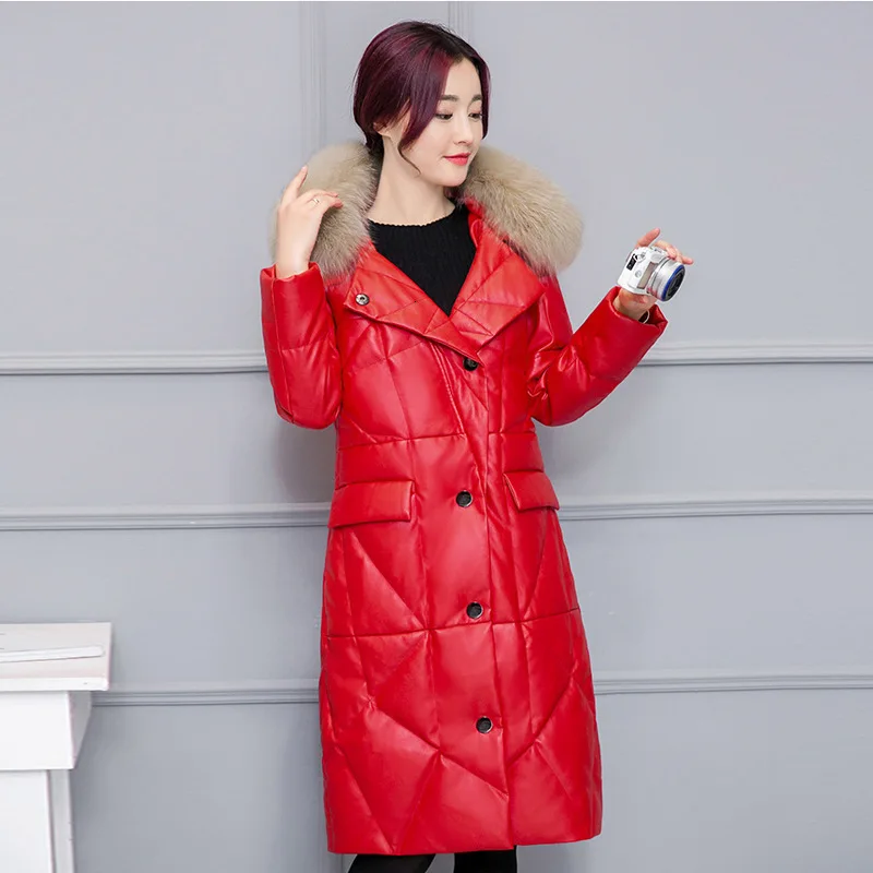 Chinese red Свободное пальто из искусственной кожи, женские зимние куртки, утолщенная меховая Парка выше колена, Женская хлопковая куртка размера плюс 3XL - Цвет: Chinese red