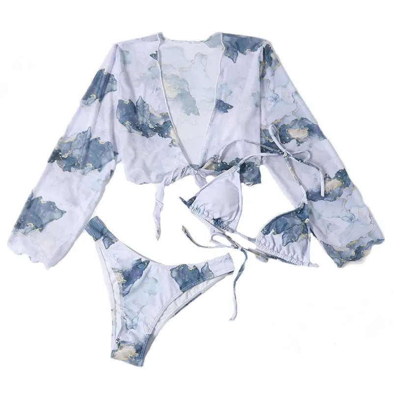 

Print Swimsuit For Women 2021 Summer New Fashion Sling Net Yarn Three-piece Sexy Bikini Female JD1169