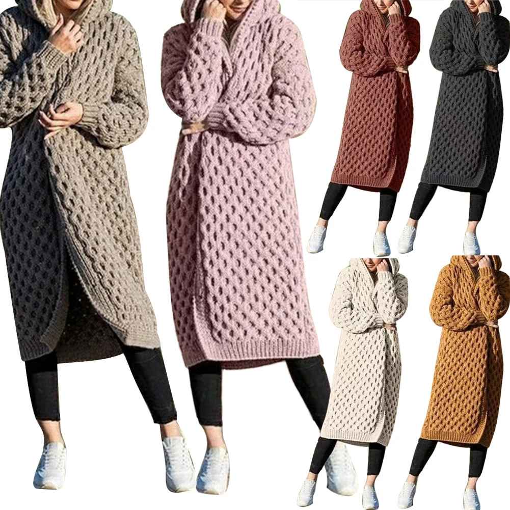 Women Knitted Cardigan Winter Thick Warm Hooded Long Female Sleeve Vintage Sweater Outerwear Plus Size 5xl Coats |