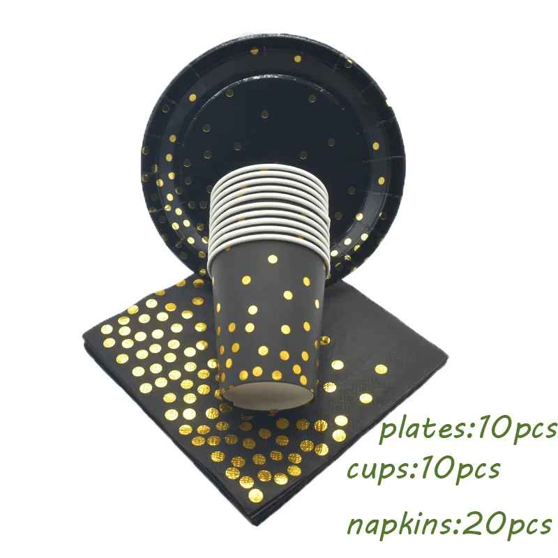 40pcs set Черные бумажные золотистые тарелки украшения для дня рождения Детские бумажные соломинки Свадебные украшения подарок для невесты фольга одноразовая посуда - Цвет: 40pcs set