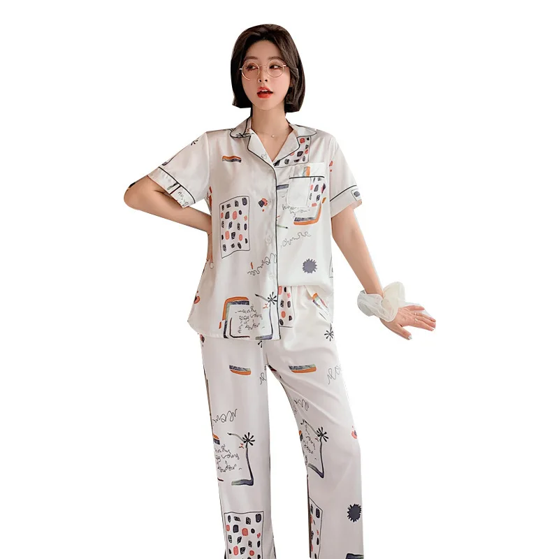 

Korean Version Women's Pajamas Summer Ice Silk Thin Section Short Sleeve Trousers Casual Printing Cardigan Tracksuit