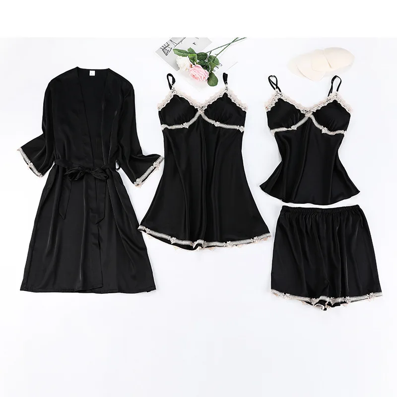 

Home Wear Green Satin Ladies Sexy Loose Satin Pajamas for Women 4Pcs Sleep Nightwear Sets