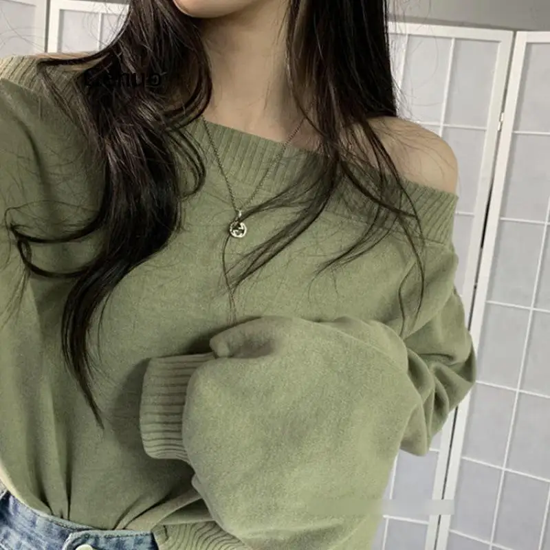

Temperament Slash Neck Sweaters for Women Korean Knitted Cropped Pullovers Sexy Off Shoulder Jumper Tops Female