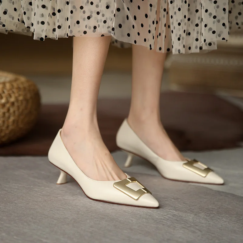 

Women's genuine leather thin high heel pointed toe slip-on pumps metal buckle elegant ladies OL style daily footwear single shoe