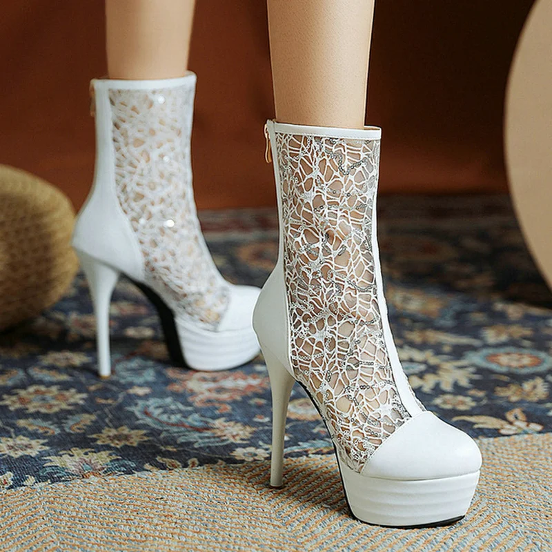 

Black Apricot White Platform Thin High Heel Women Ankle Boots Mesh PU Leather Women Summer Boots Fashion Party Women's Shoes